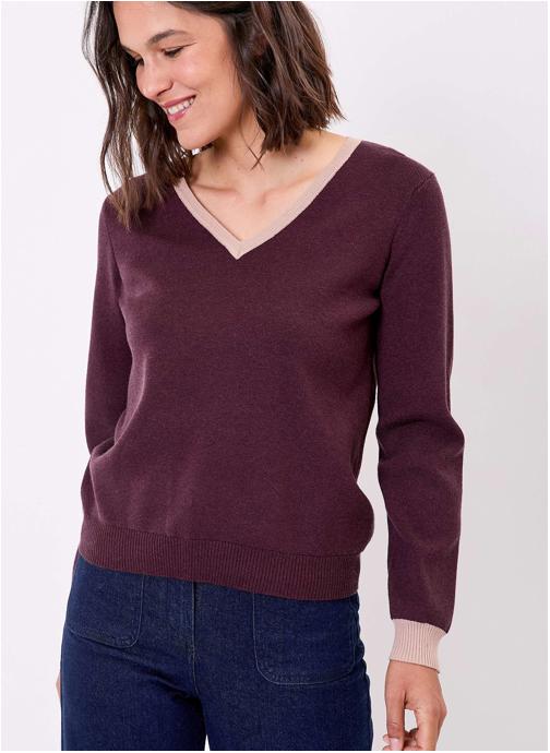 Princesse Nomade Pulls Pull maille épaisse col V ELI femme violet