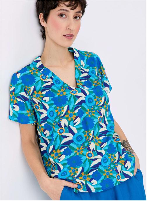 Princesse Nomade Tops Top imprimé fluide ample col V GARY femme bleu
